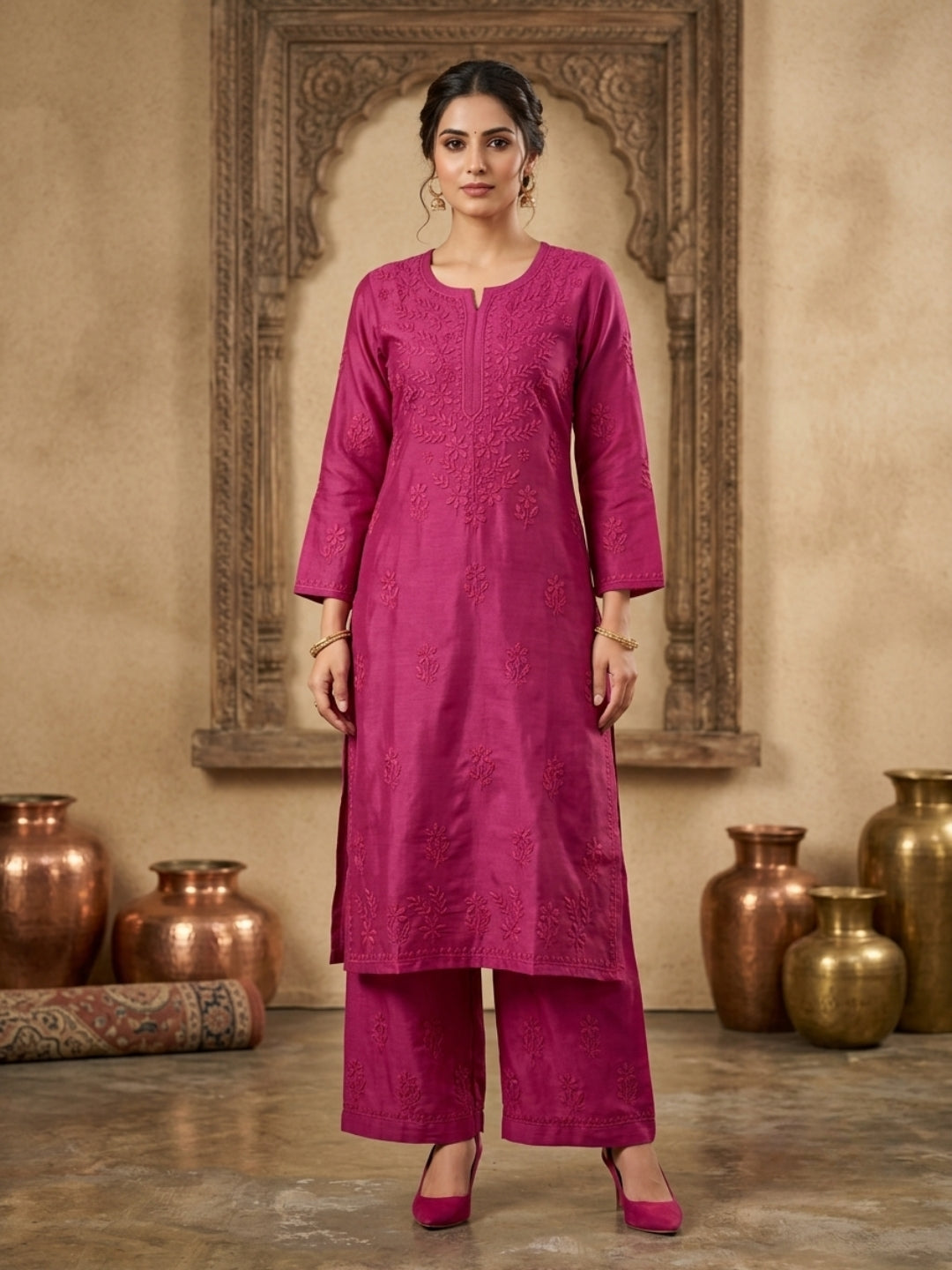 Women Hand Embroidered Chikankari Chanderi Kurta Set PC4119KS