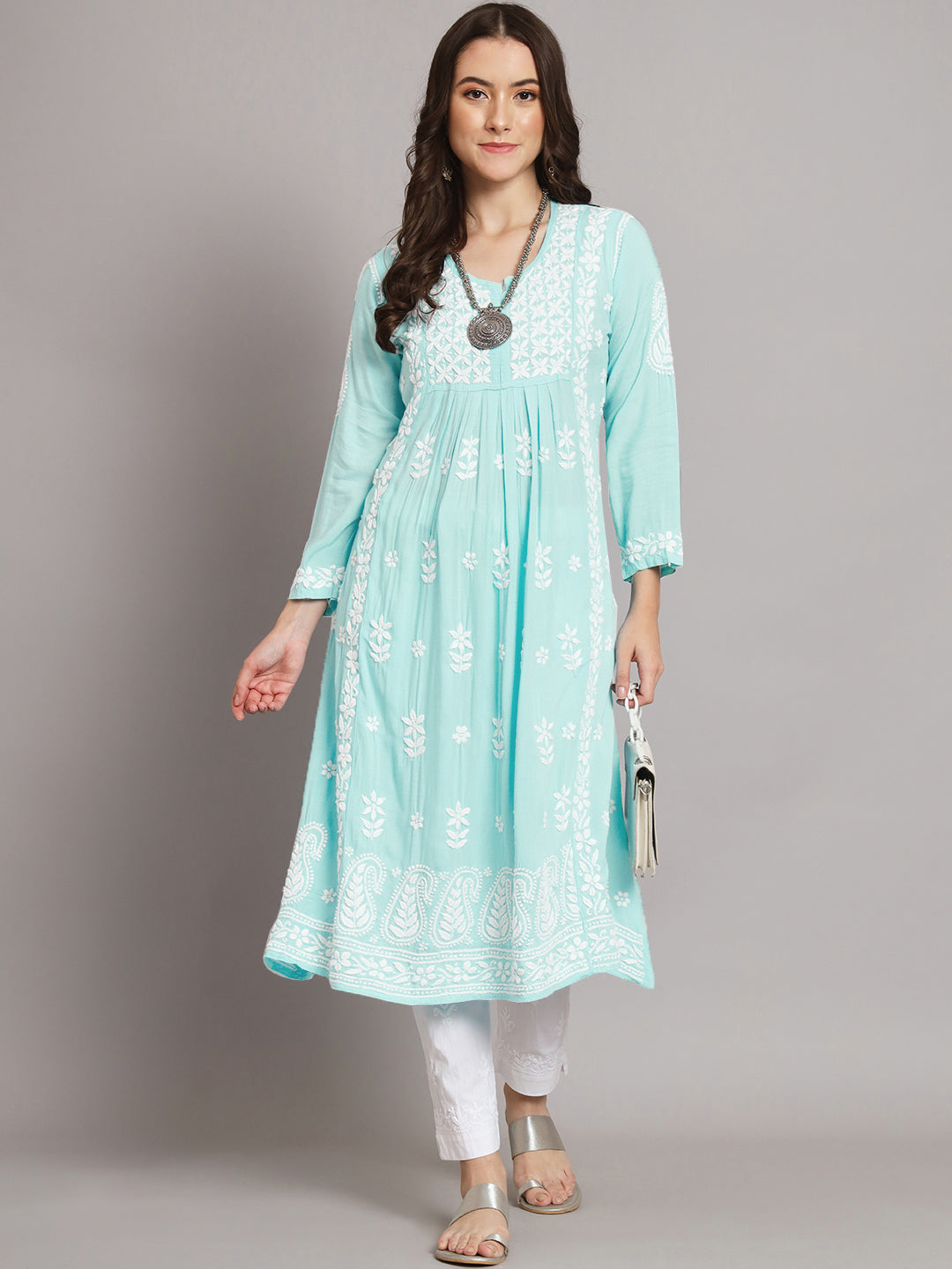 Hand Embroidered Chikankari Modal A-Line Kurta-PC3549 Seagreen