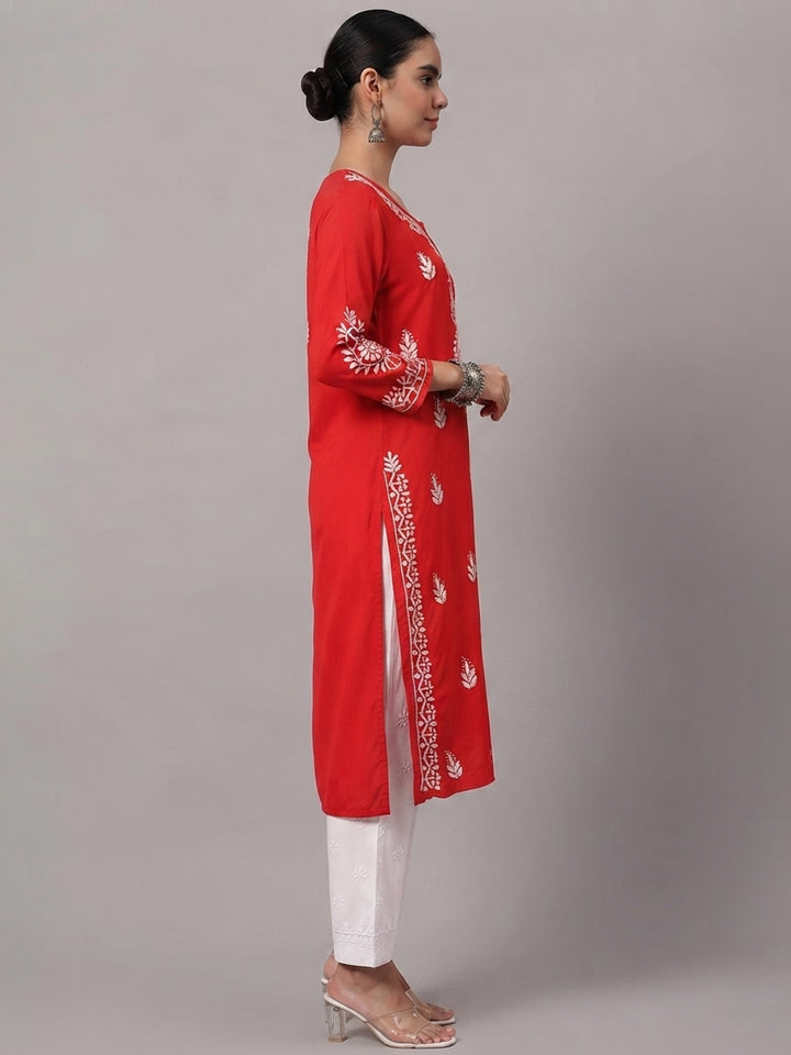 Women Hand Embroidered Chikankari Rayon Kurta PC4076 Red