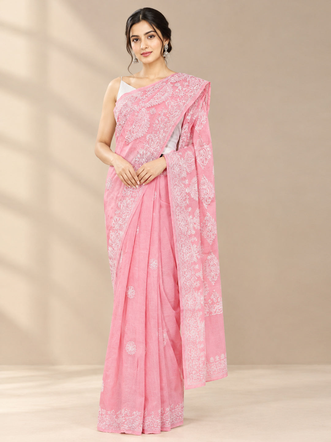 Hand Embroidered Chikankari Cotton Saree PCSAR02 Carrotpink