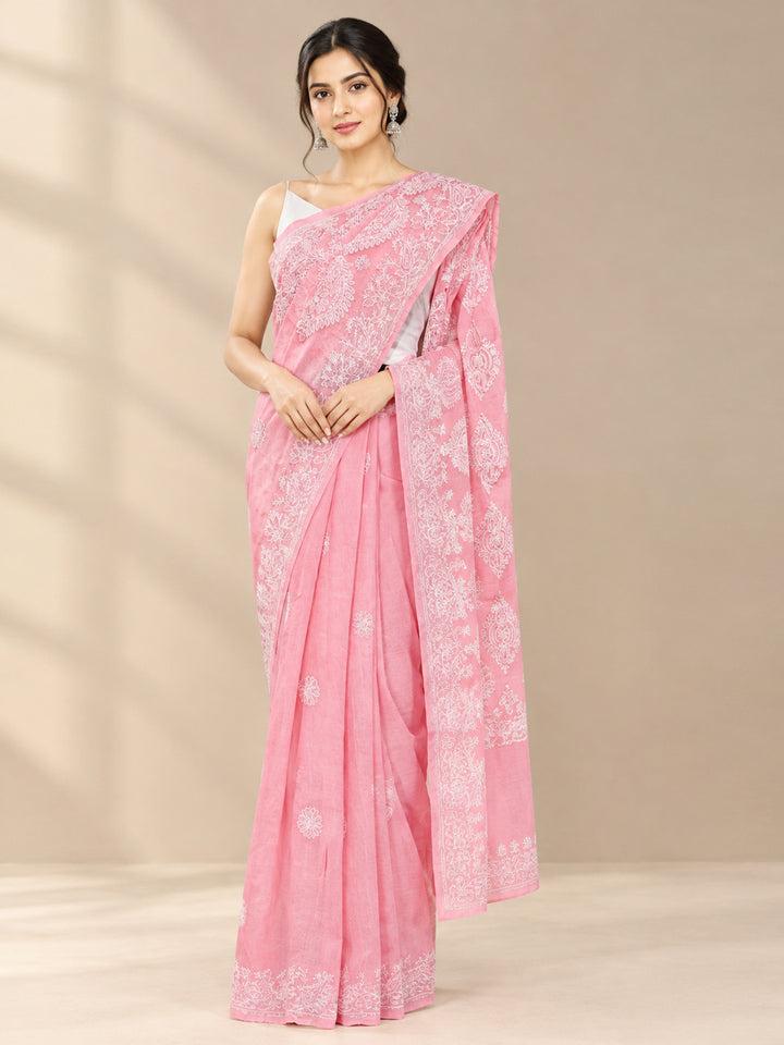 Hand Embroidered Chikankari Cotton Saree PCSAR02 Carrotpink