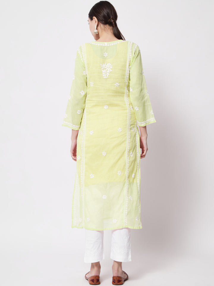 Hand Embroidered Chikankari Kota Cotton straight Kurta with matching Slip- PC3593