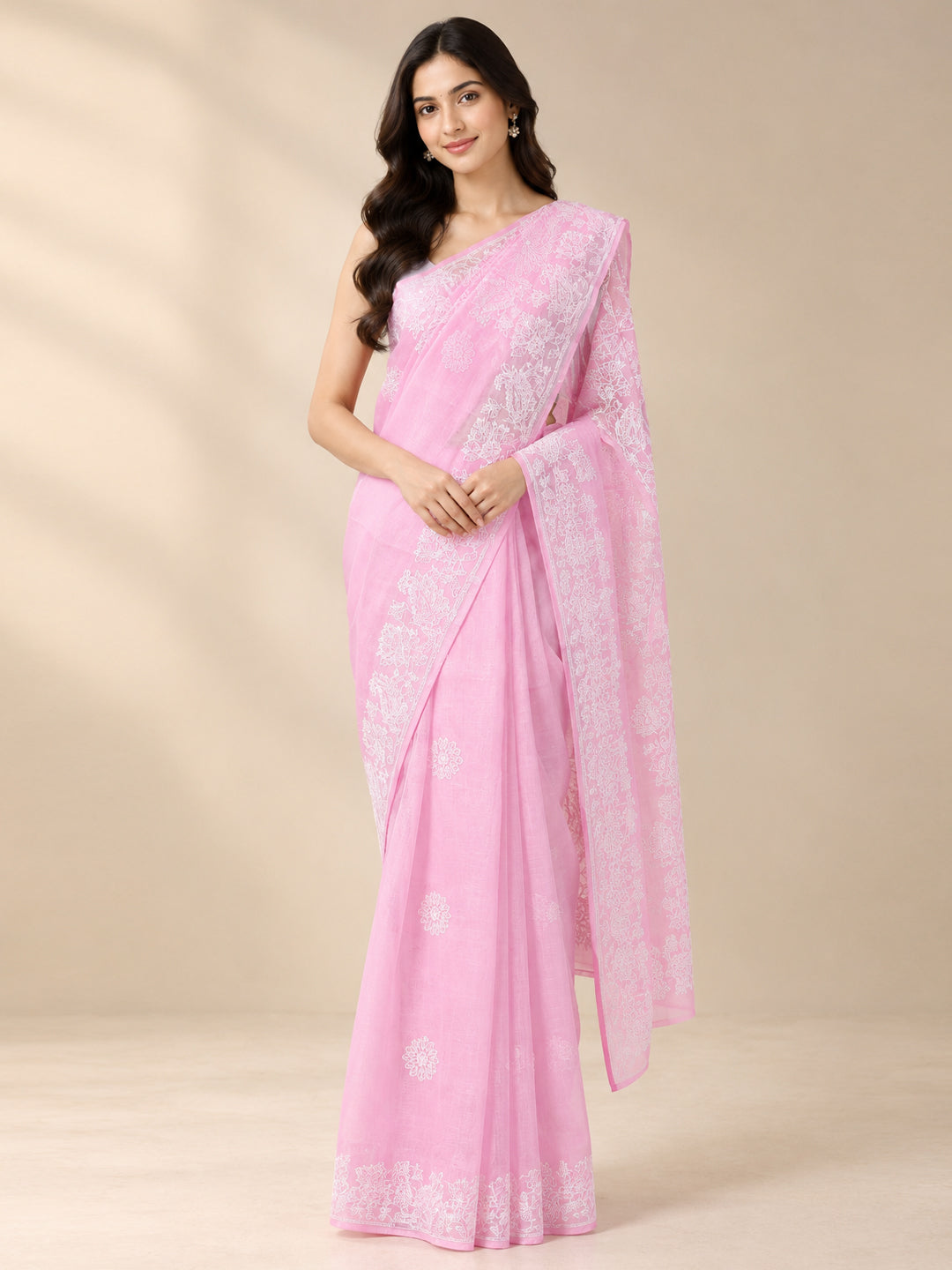Hand Embroidered Chikankari Cotton Saree PCSAR02 Pink