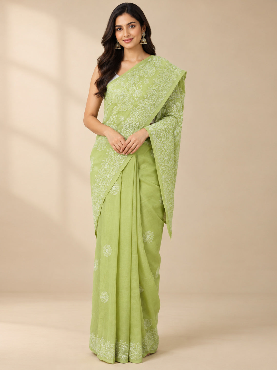 Hand Embroidered Chikankari Cotton Saree PCSAR02 Green