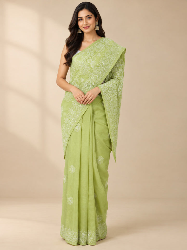 Hand Embroidered Chikankari Cotton Saree PCSAR02 Green