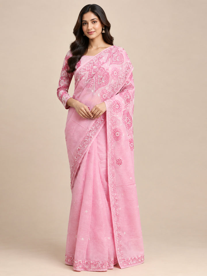 Hand Embroidered Chikankari Cotton Saree PCSAR01 Babypink