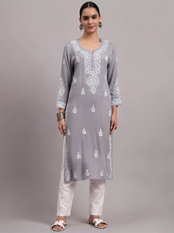 Women Hand Embroidered Chikankari Rayon Kurta PC4076 Grey