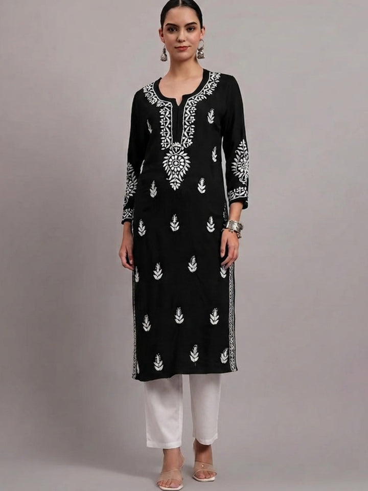 Women Hand Embroidered Chikankari Rayon Kurta PC4076 Black