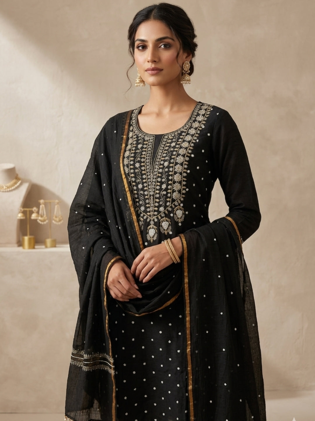 Women Hand Embroidered Chanderi Chikankari Dress Material PCSCA85205FS-BLACK