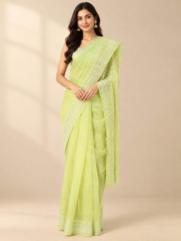 Hand Embroidered Chikankari Cotton Saree PCSAR02 Darklemon