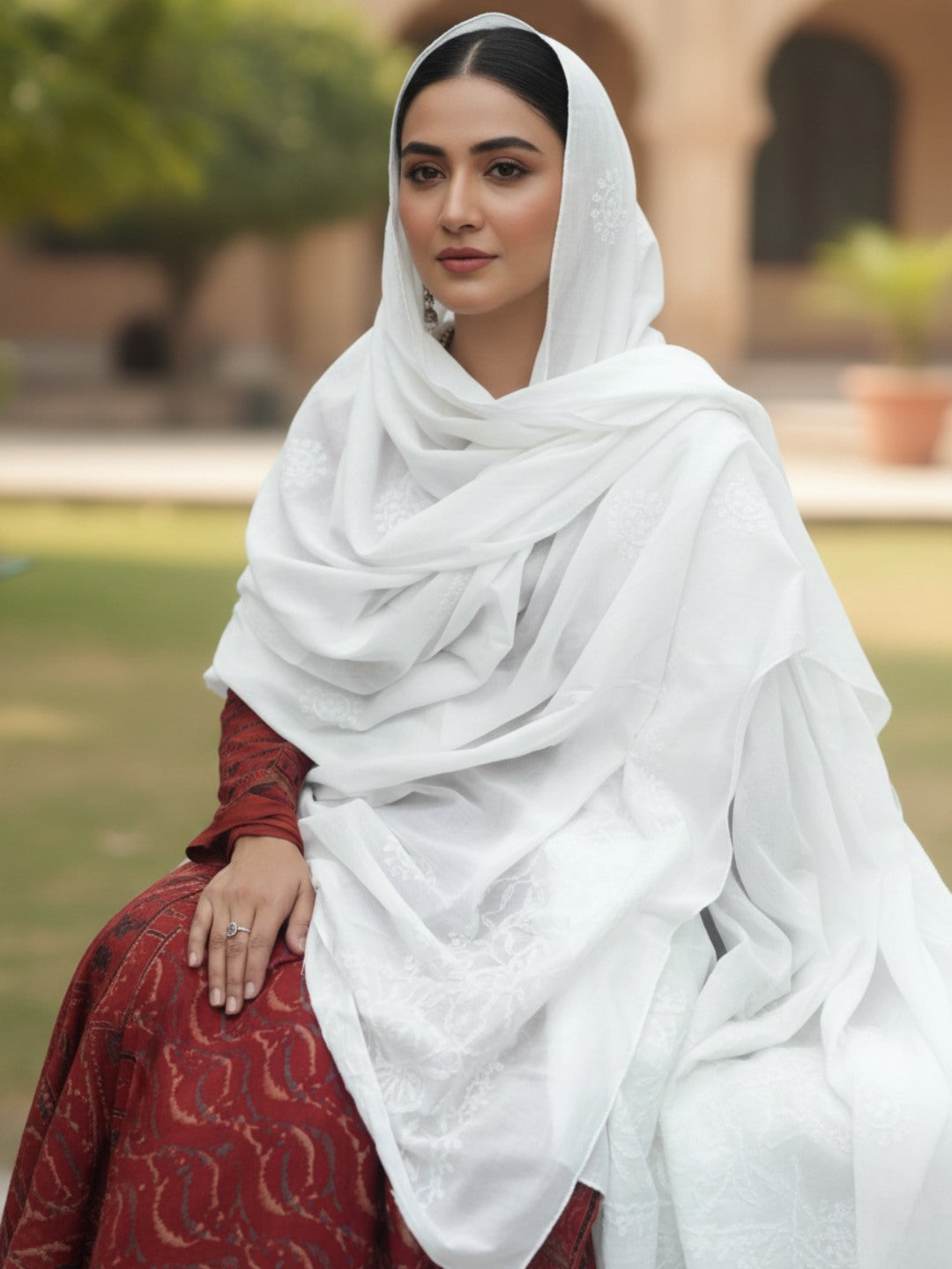 Women Hand Embroidered Cotton Chikankari Dupatta -PC4092