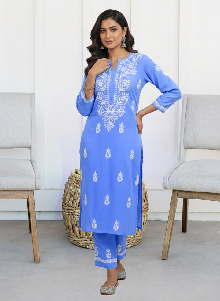Women Hand Embroidered Chikankari Cotton Kurta set PC4107KS Denim