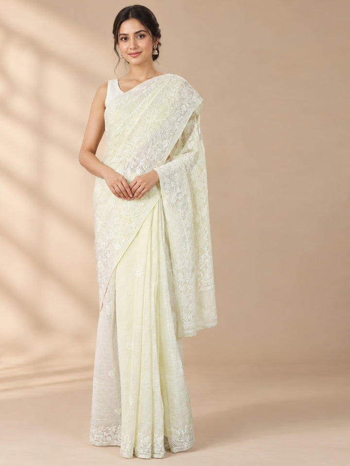 Hand Embroidered Chikankari Cotton Saree PCSAR02 Lemon
