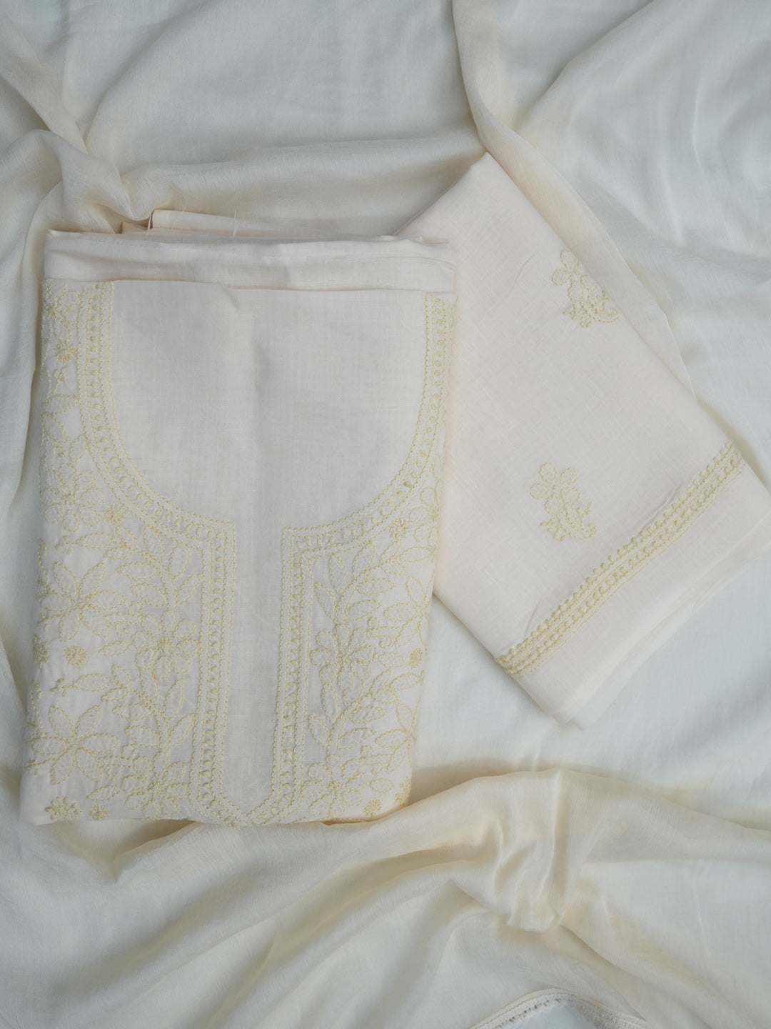 Women Hand Embroidered Chikankari Cotton Dressmaterial PCSCU00406FS-BEIGE