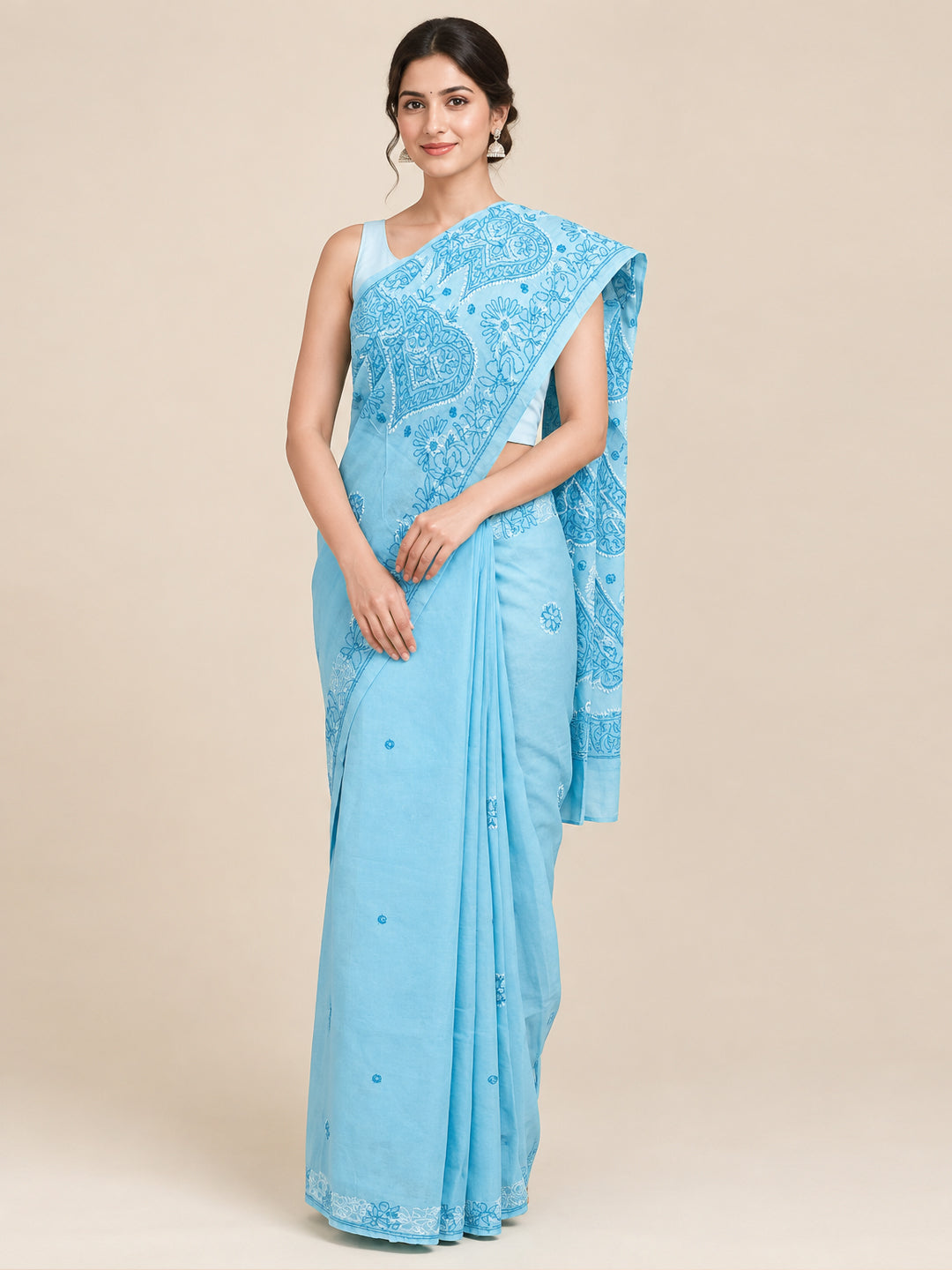 Hand Embroidered Chikankari Cotton Saree PCSAR01 Lightblue