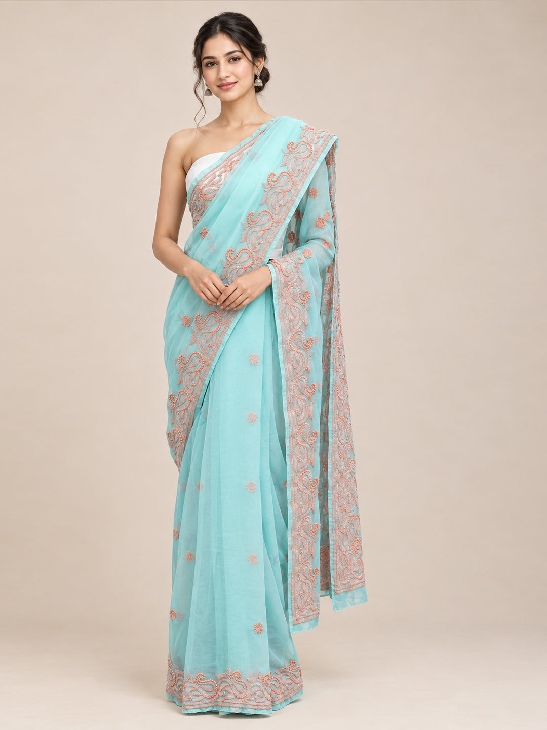 Hand Embroidered Chikankari Georgette Saree PCSAR03 Seagreen