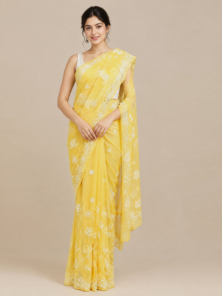 Hand Embroidered Chikankari Georgette Saree PCSAR03 Yellow