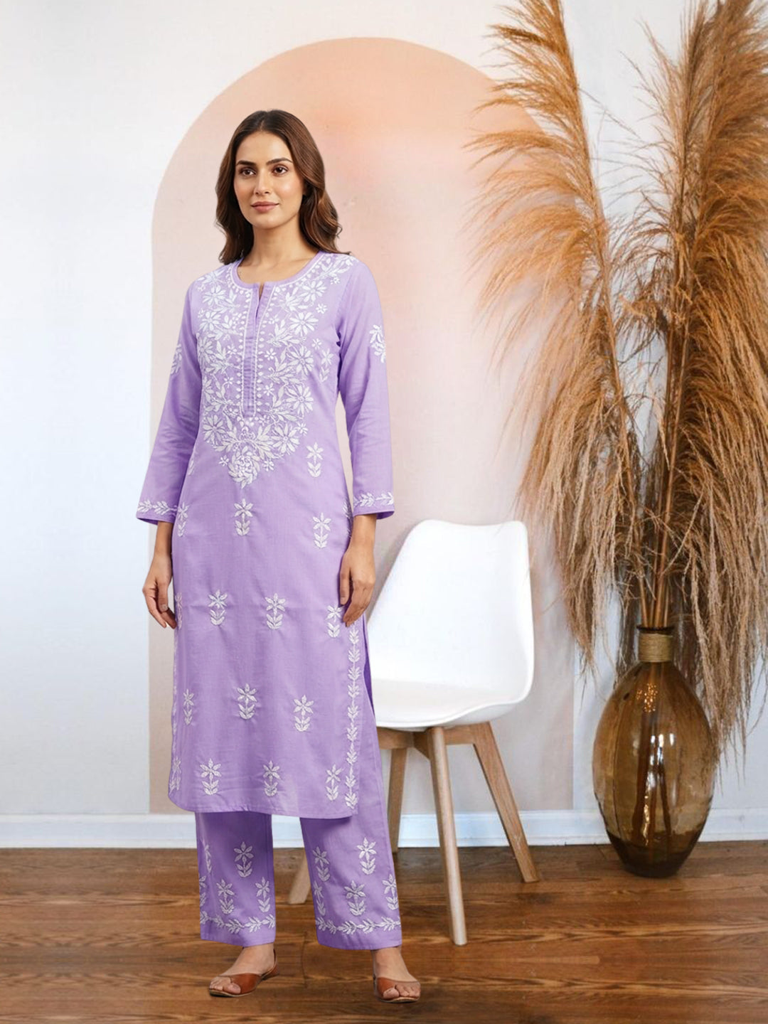 Women Hand Embroidered Chikankari Cotton Kurta Set PC4135KS Mauve