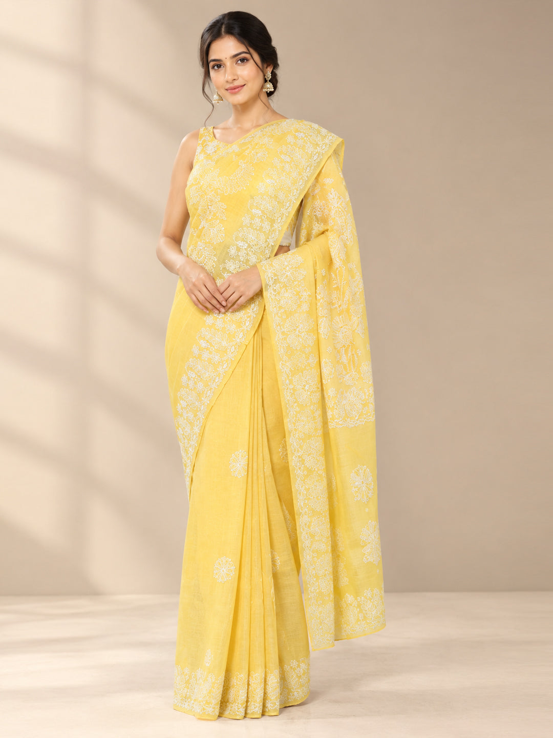 Hand Embroidered Chikankari Cotton Saree PCSAR02 Yellow