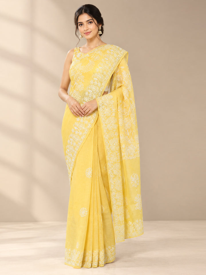 Hand Embroidered Chikankari Cotton Saree PCSAR02 Yellow