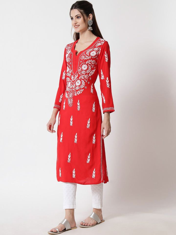 Hand Embroidered White Chikankari Rayon straight Kurta-PC3451