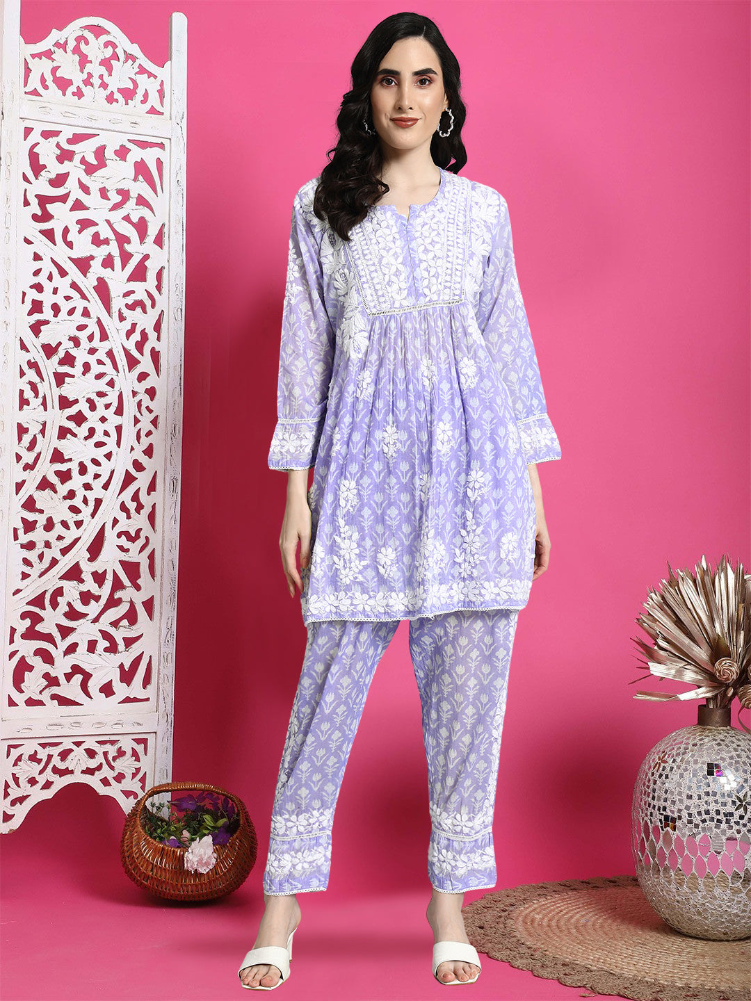 Hand Embroidered Mulmul Printed Cotton Chikankari Women's 2 PC Co-ord Set - PC4055