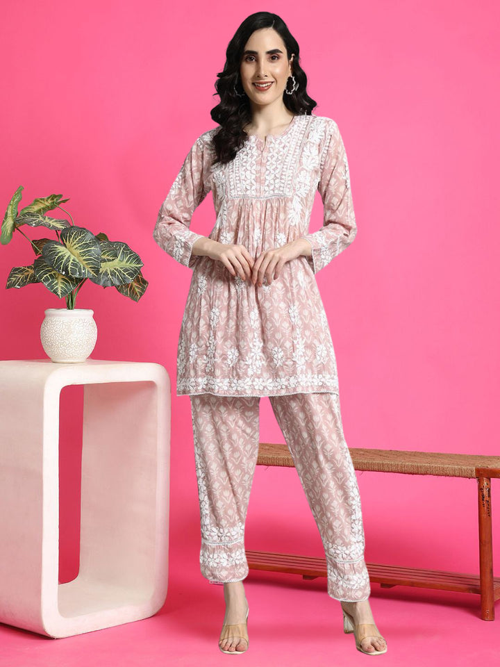 Hand Embroidered Mulmul Printed Cotton Chikankari Women's 2 PC Co-ord Set - PC4055