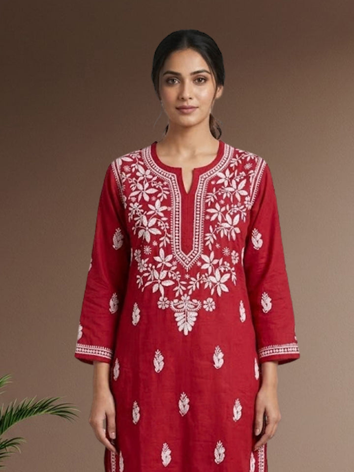 Hand Embroidered Chikankari Cotton Straight Kurta- PC3372 Red