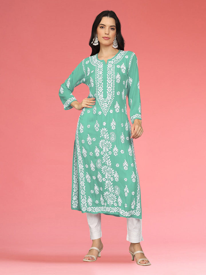 Hand Embroidered Chikankari Modal Straight Kurta- PC4042 Seagreen