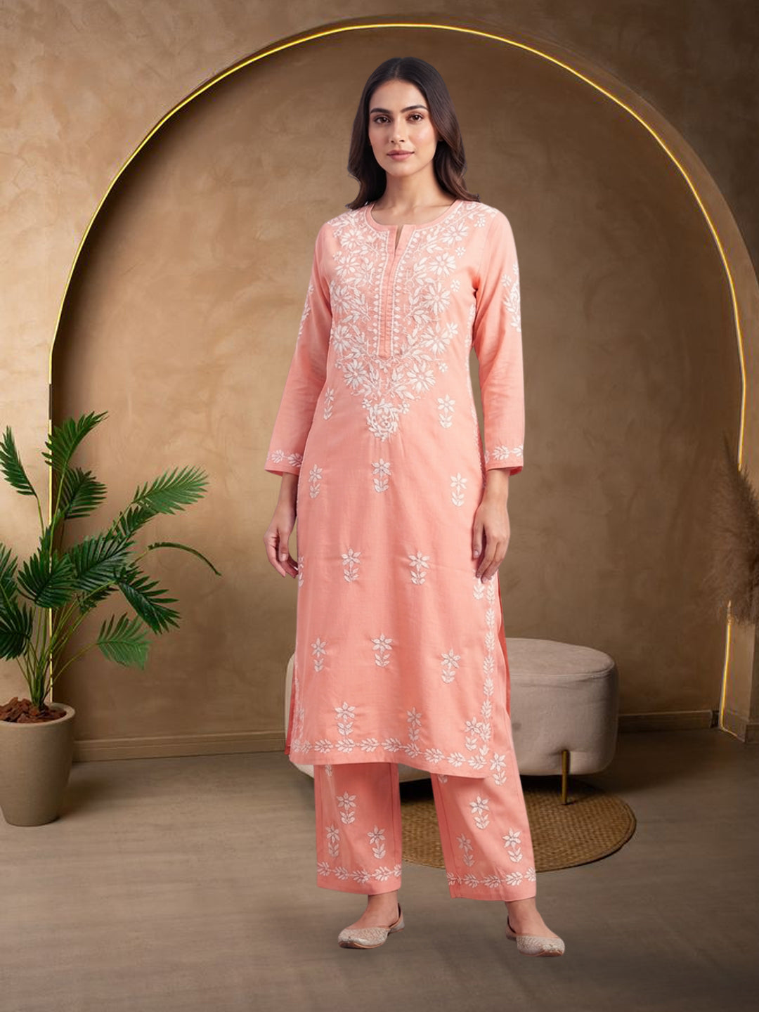 Women Hand Embroidered Chikankari Cotton Kurta Set PC4135KS Peach