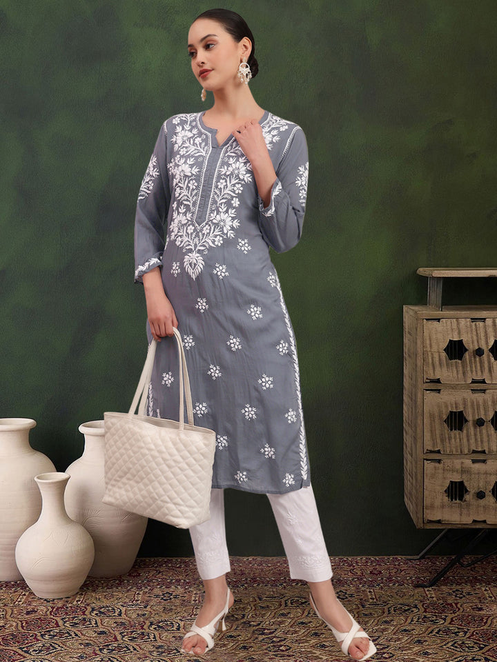 Hand Embroidered Chikankari Modal Straight Kurta- PC4059 Grey