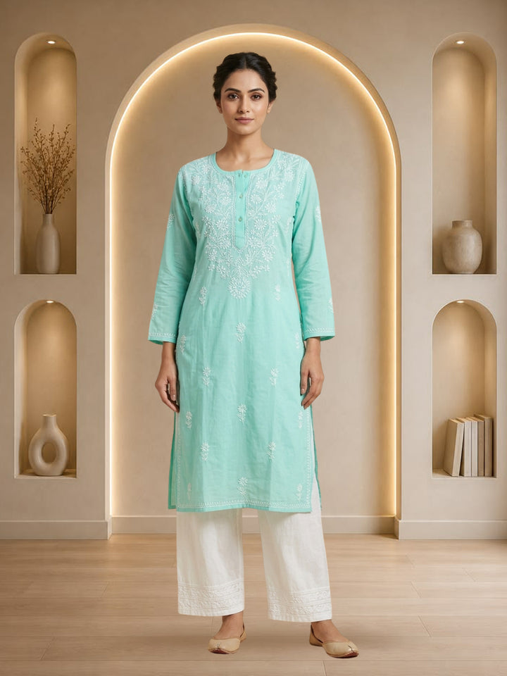 Hand Embroidered Chikankari Straight Floral  Cotton Kurta -NTV115 Seagreen