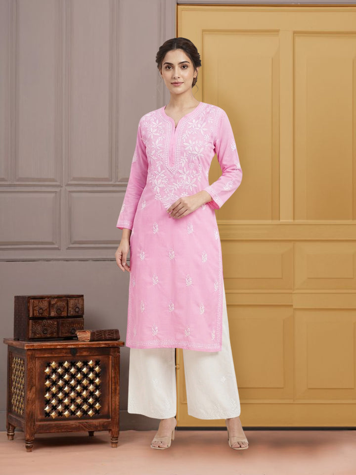 Hand Embroidered Chikankari Cotton Straight Kurta- PC3372 Pink