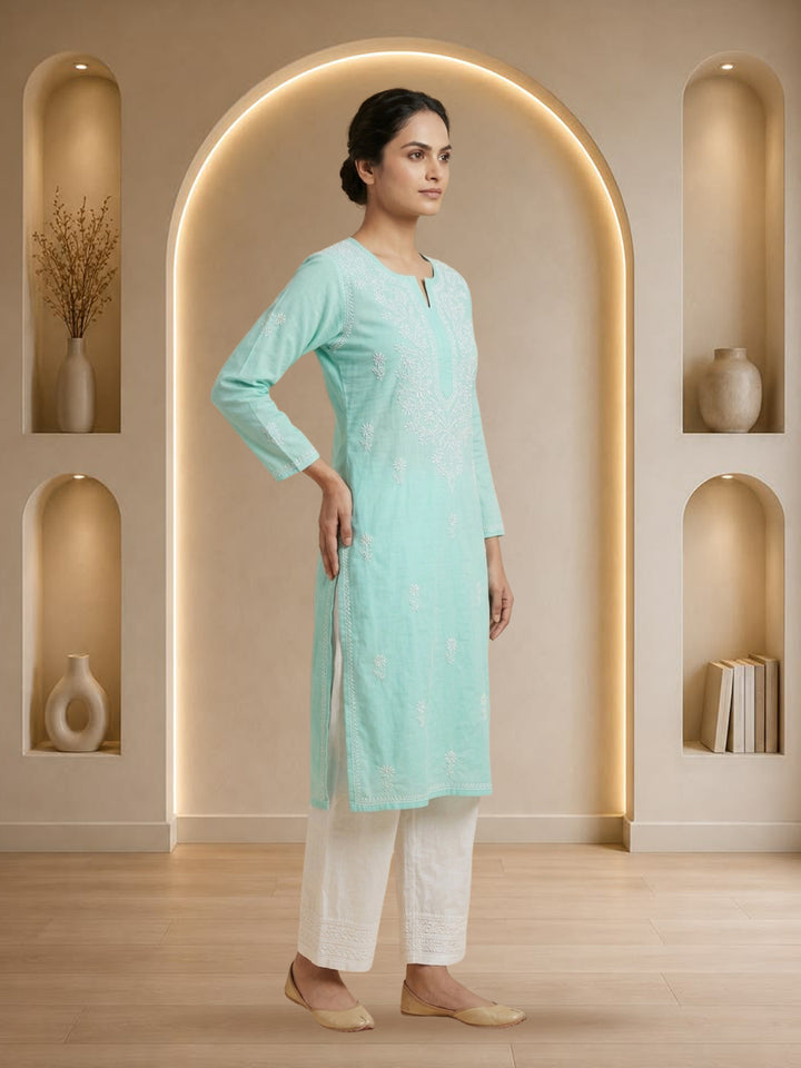 Hand Embroidered Chikankari Straight Floral  Cotton Kurta -NTV115 Seagreen