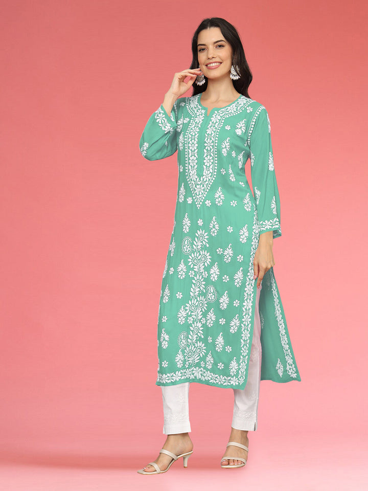 Hand Embroidered Chikankari Modal Straight Kurta- PC4042 Seagreen