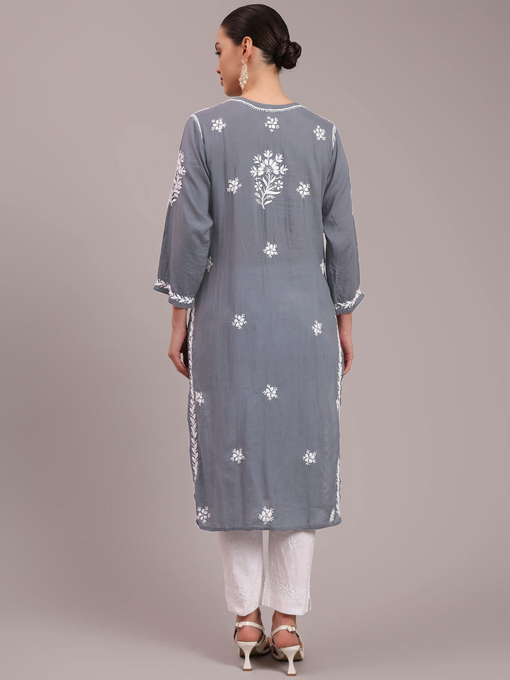 Hand Embroidered Chikankari Modal Straight Kurta- PC4059 Grey