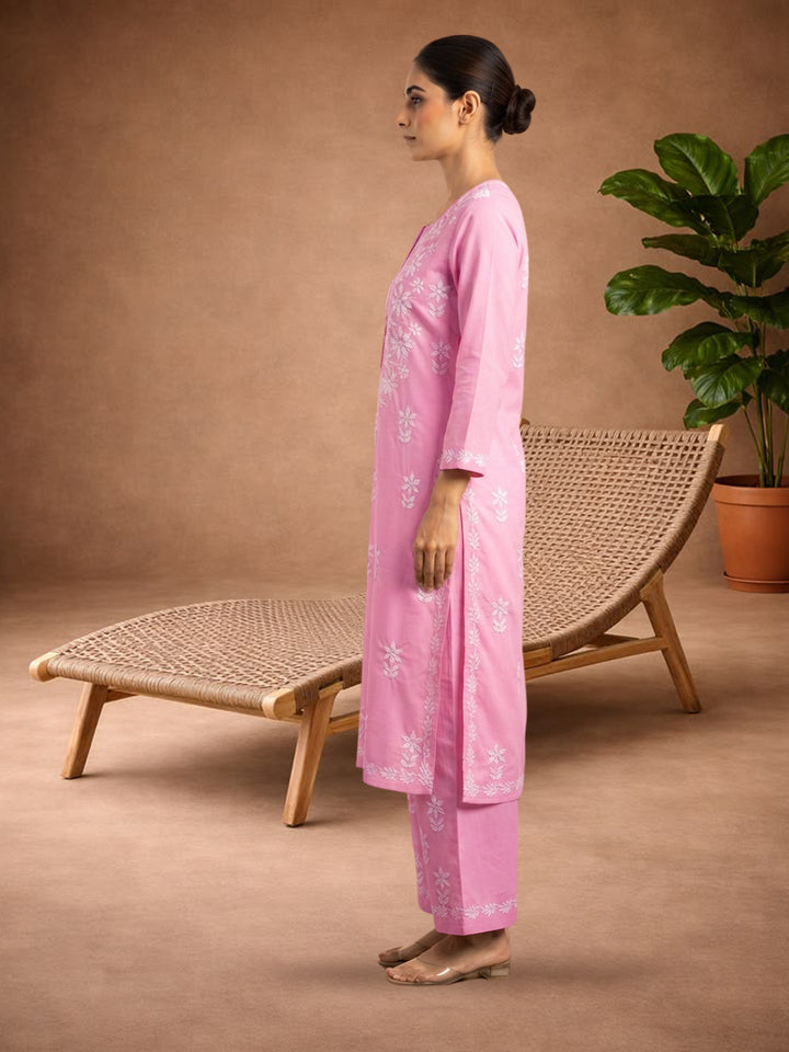 Women Hand Embroidered Chikankari Cotton Kurta Set PC4135KS Pink