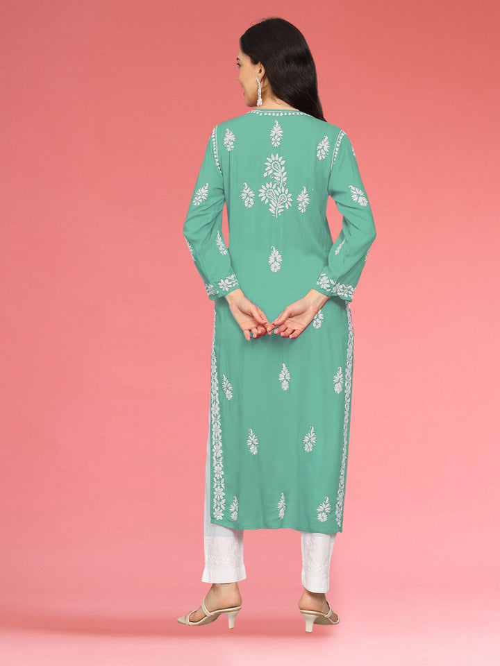 Hand Embroidered Chikankari Modal Straight Kurta- PC4042 Seagreen