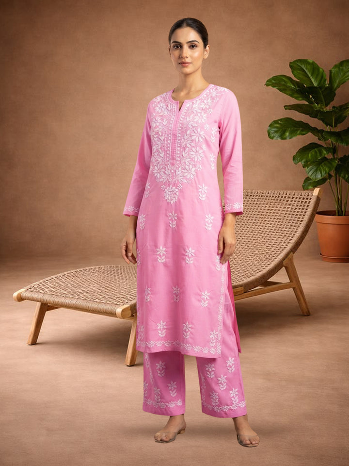 Women Hand Embroidered Chikankari Cotton Kurta Set PC4135KS Pink