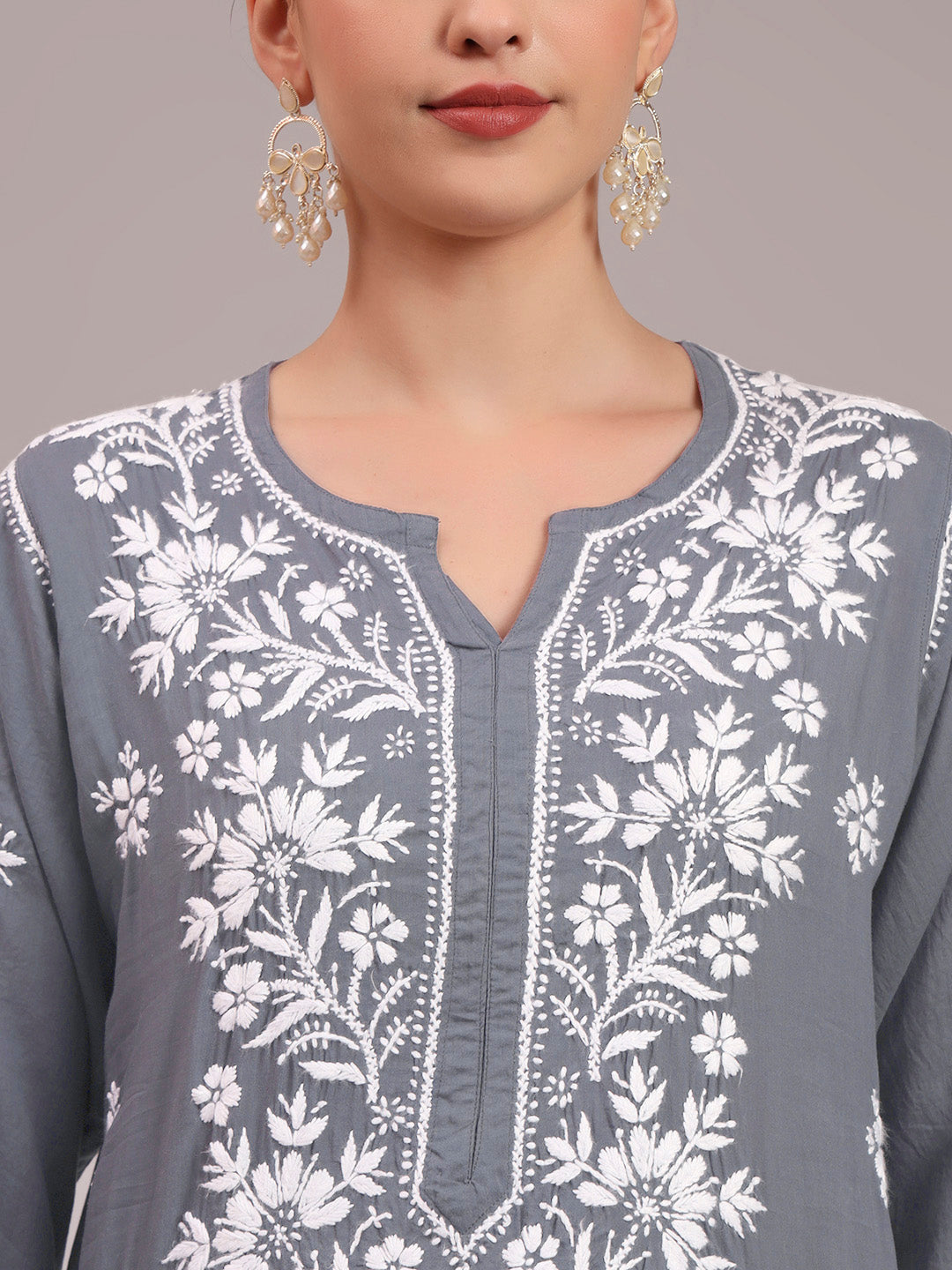 Hand Embroidered Chikankari Modal Straight Kurta- PC4059 Grey