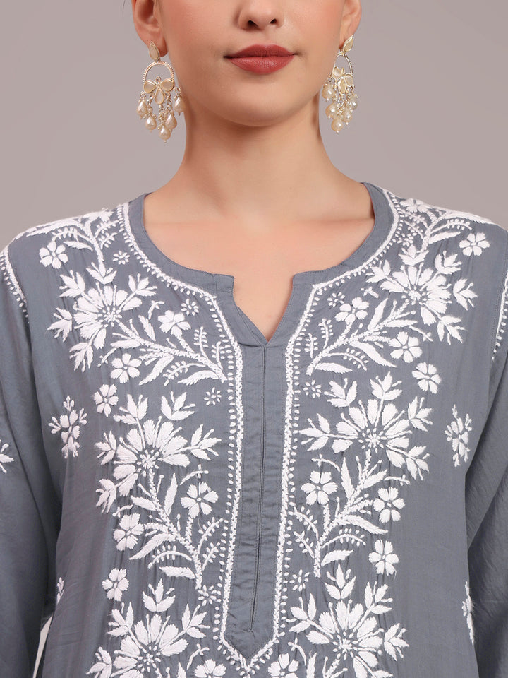 Hand Embroidered Chikankari Modal Straight Kurta- PC4059 Grey