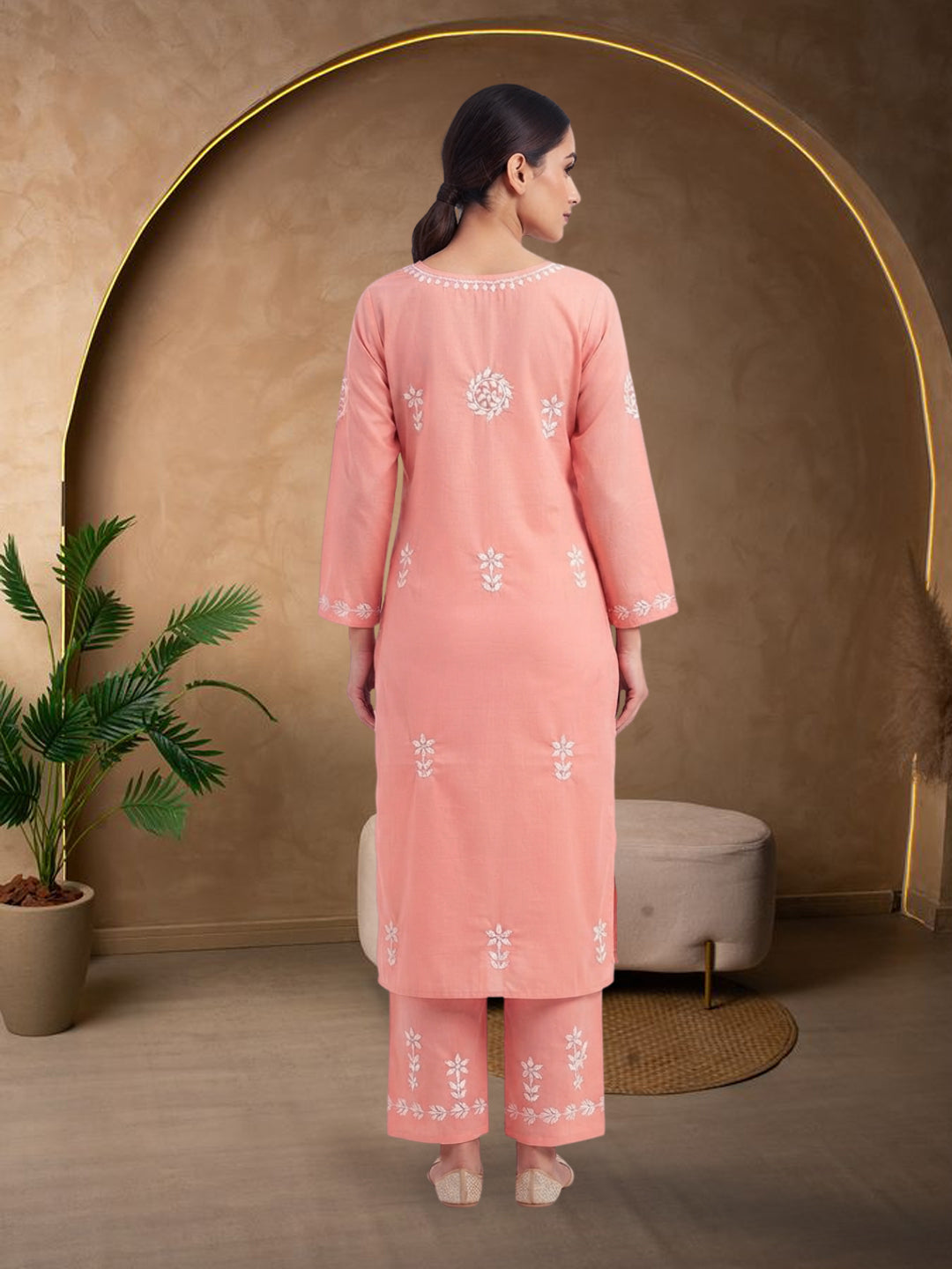 Women Hand Embroidered Chikankari Cotton Kurta Set PC4135KS Peach