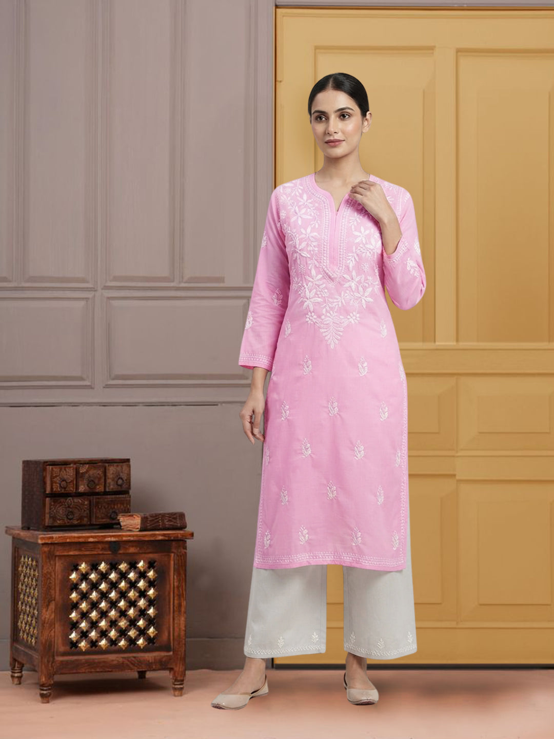 Hand Embroidered Chikankari Cotton Straight Kurta- PC3372 Pink