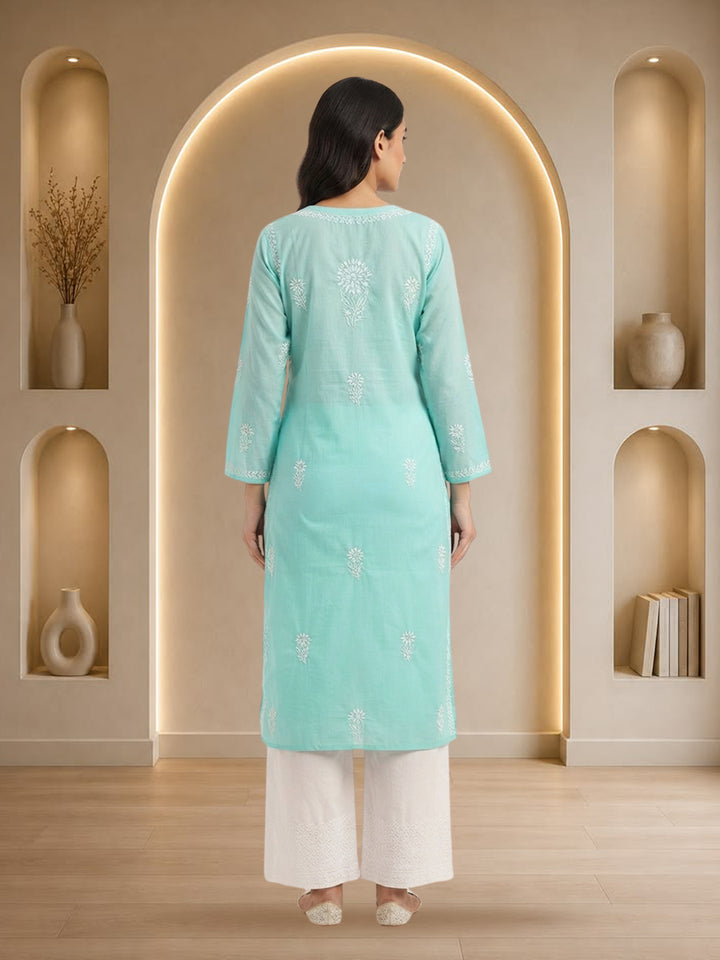 Hand Embroidered Chikankari Straight Floral  Cotton Kurta -NTV115 Seagreen