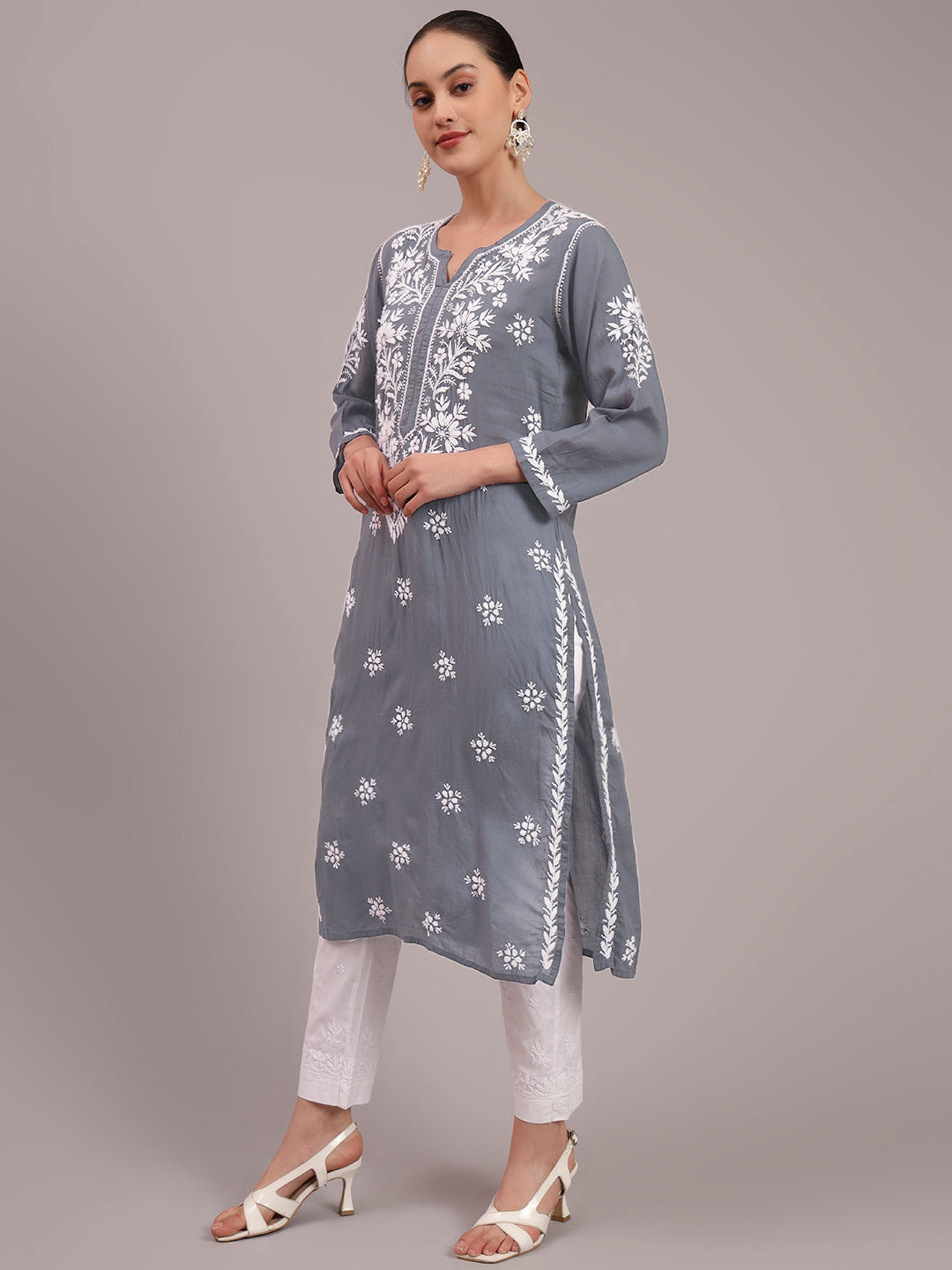 Hand Embroidered Chikankari Modal Straight Kurta- PC4059 Grey