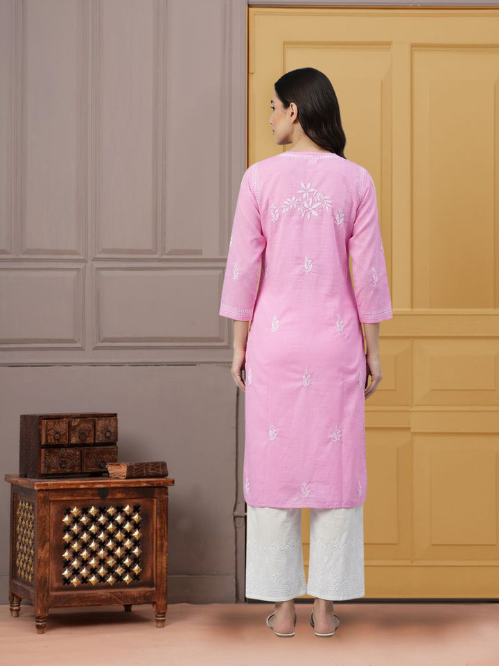 Hand Embroidered Chikankari Cotton Straight Kurta- PC3372 Pink