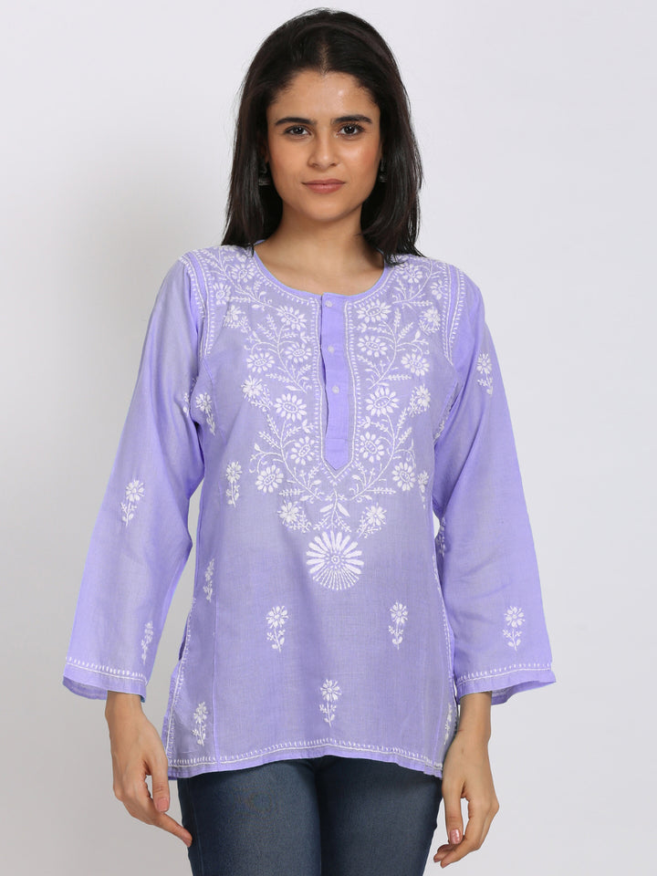 Women Hand Embroidered Chikankari Cotton Kurti-STV115 Mauve