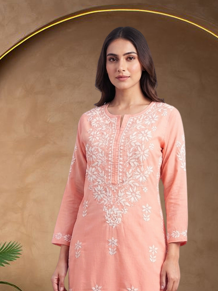 Women Hand Embroidered Chikankari Cotton Kurta Set PC4135KS Peach