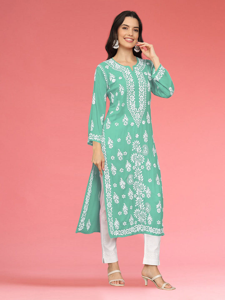 Hand Embroidered Chikankari Modal Straight Kurta- PC4042 Seagreen
