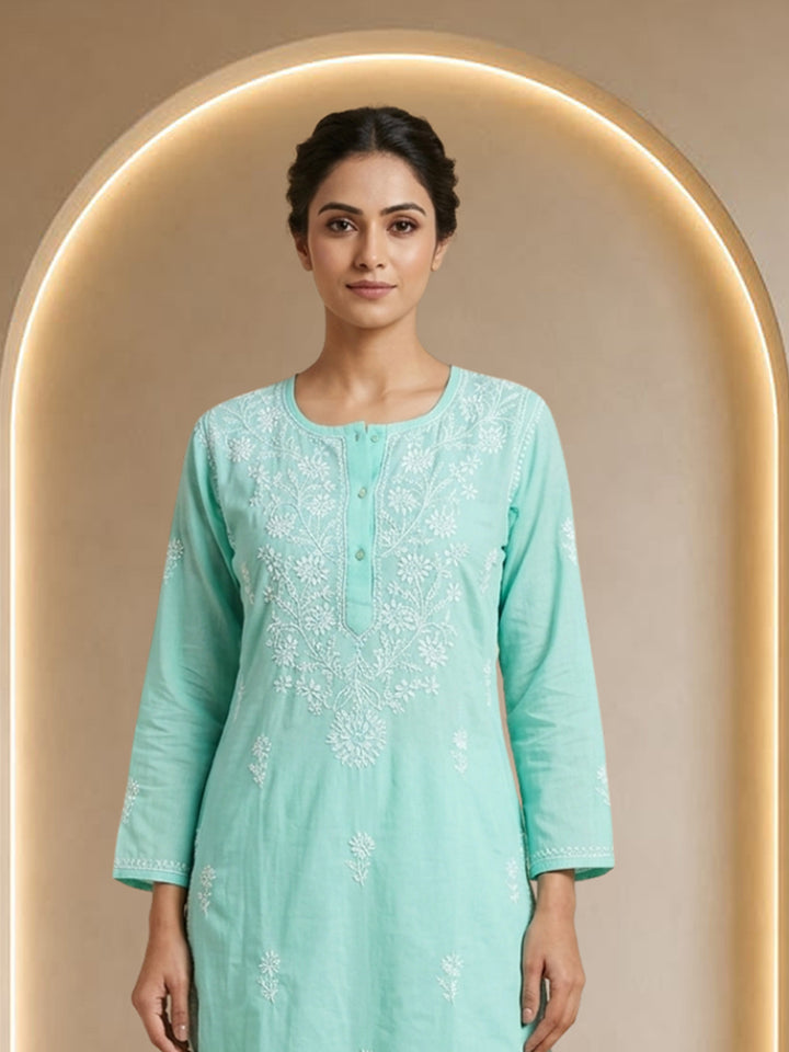 Hand Embroidered Chikankari Straight Floral  Cotton Kurta -NTV115 Seagreen